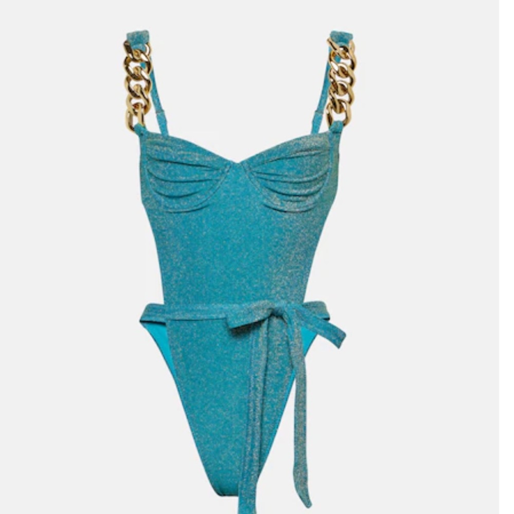 Turquoise Shimmery Chain-Shoulder One-Piece Swimsuit